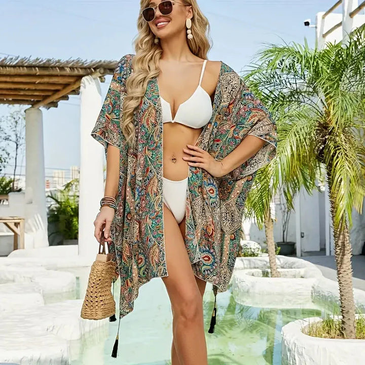 Levoire | Kimono, Imprimé Paisley, Devant Ouvert, Survêtement De Bikini, Kimono De Plage Vert Foncé Une taille