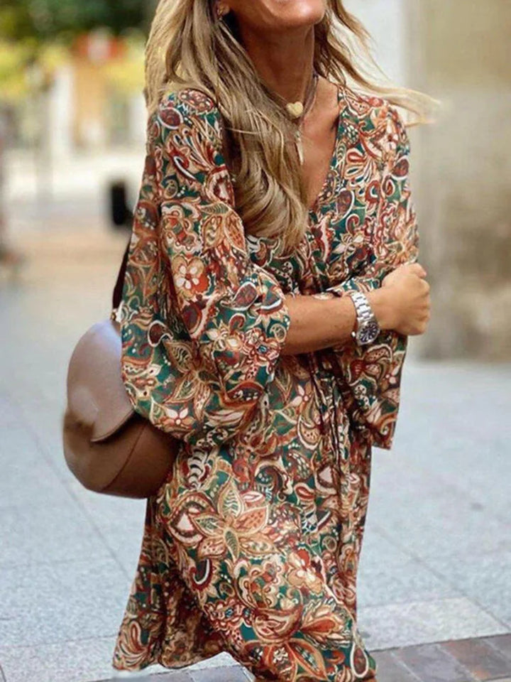 Levoire | Vintage-Print-Minirobe Chic Été-Décontracté-V-En-Col-Robe-Courte Marron foncé