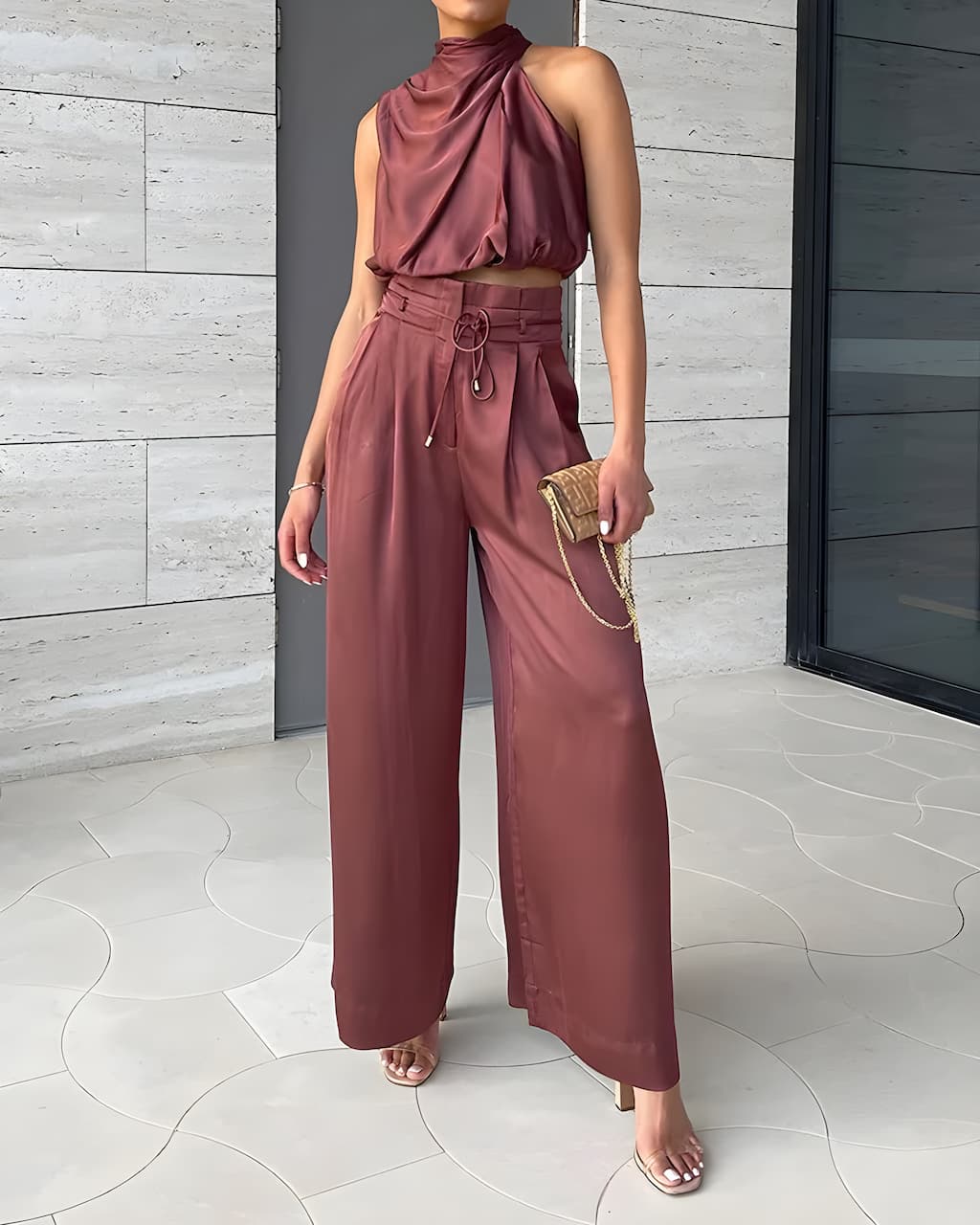 Levoire | Débardeur Sans Manches Avec Pantalon Large Pour Femmes Vin rouge