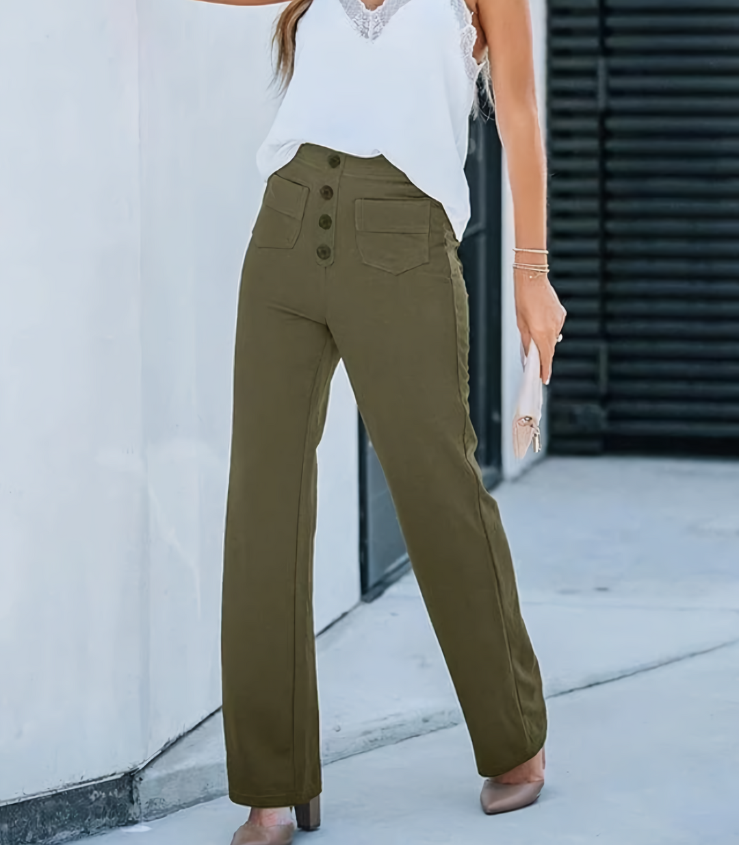 Levoire | Taille Haute Taille Élastique Poches Avec Jambes Amples Vêtements Femme Vert Olive