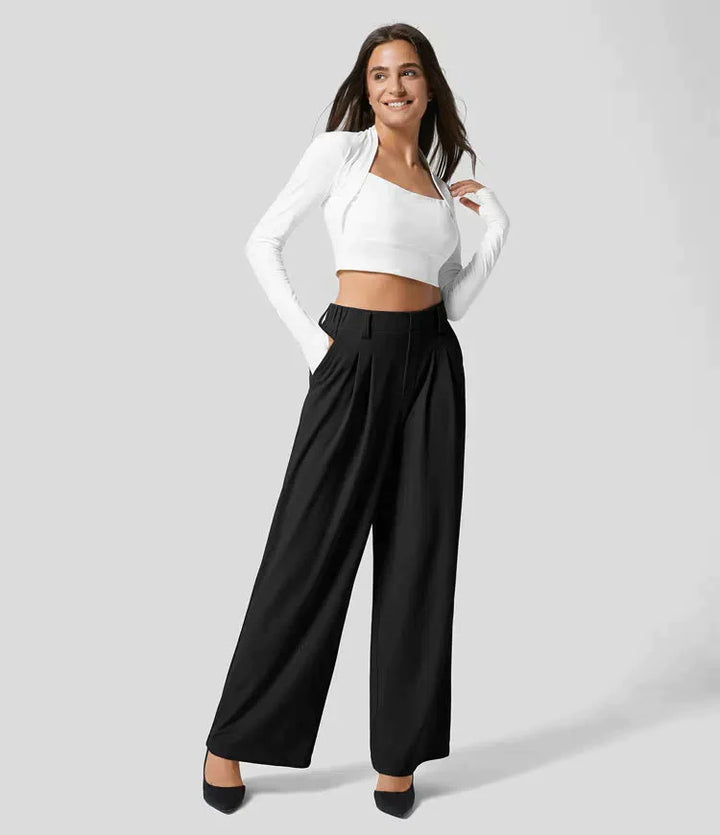 Levoire | Pantalon Femme Avec Jambe Large, Taille Élastique Et Taille Haute Noir