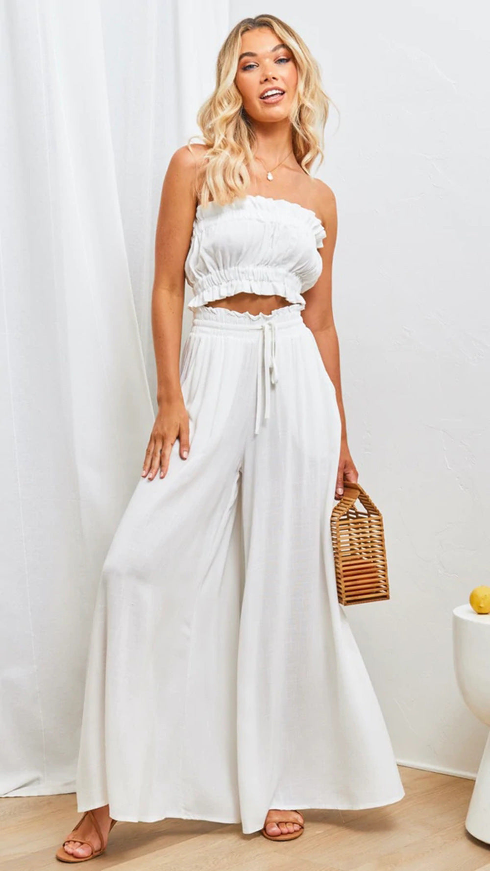Levoire | Pantalon D'Été À Taille Élastique, Coupe Décontractée Et Jambes Évasées Blanc