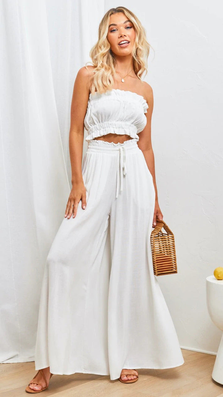 Levoire | Pantalon D'Été À Taille Élastique, Coupe Décontractée Et Jambes Évasées Blanc