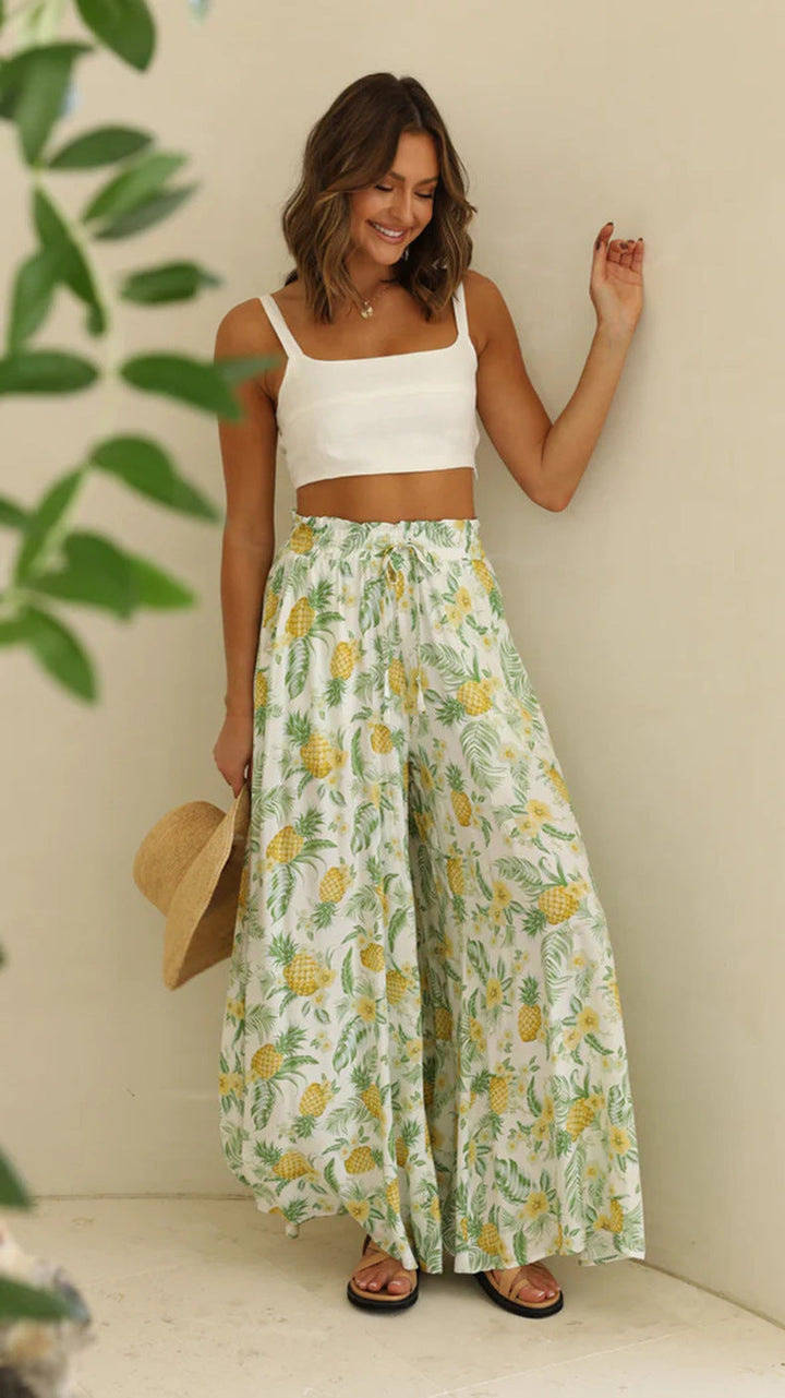 Levoire | Pantalon D'Été À Taille Élastique, Coupe Décontractée Et Jambes Évasées Impression d'ananas