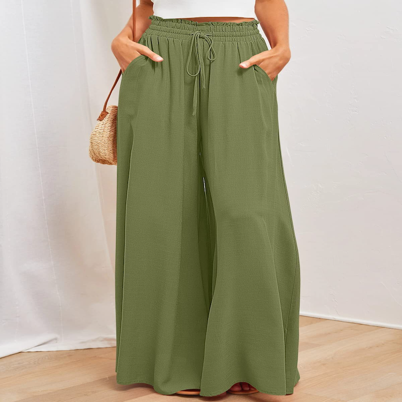 Levoire | Pantalon D'Été À Taille Élastique, Coupe Décontractée Et Jambes Évasées Vert olive