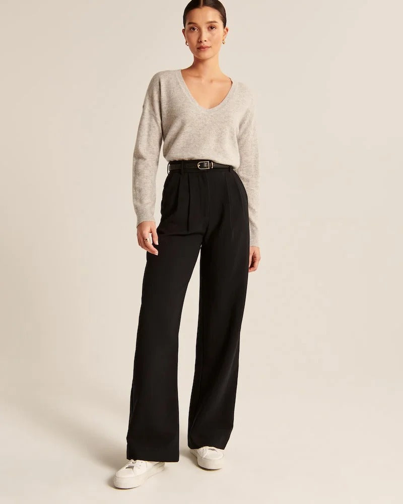 Levoire | Pantalon Plissé Taille Haute À Jambe Large Pour Femmes Noir