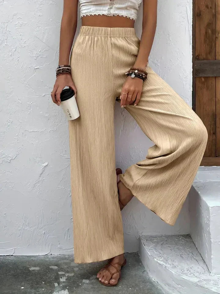 Levoire | Pantalon Palazzo Femmes Taille Haute Élastique Jambes Larges Beige