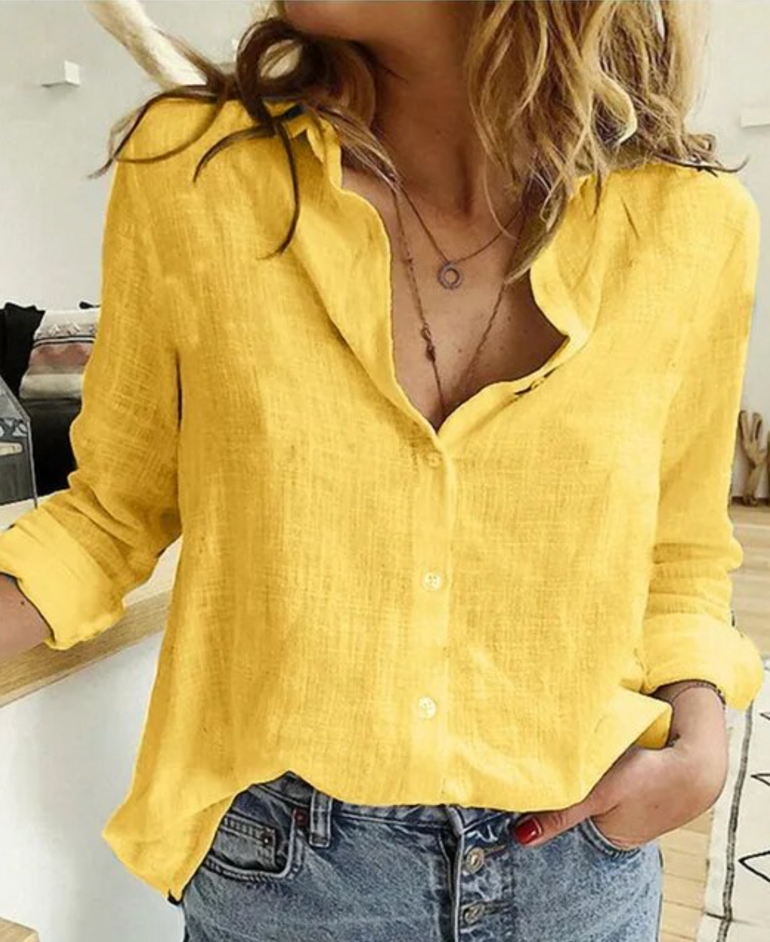 Levoire | Blouse Femme Loose Fit Chemise En Lin À Manches Longues Jaune