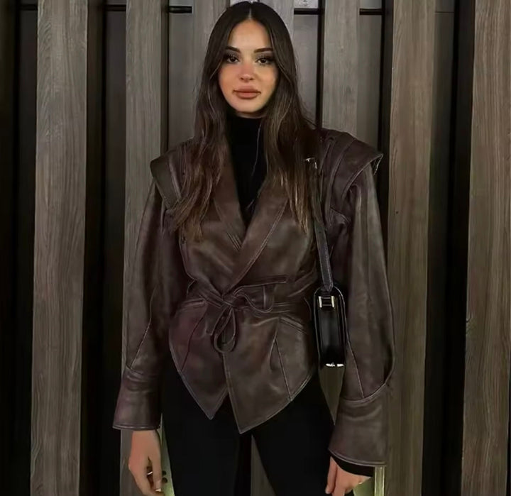 Levoire | Blouson En Cuir Marron Foncé Avec Détails À Lacets Et Ceinture À Nouer