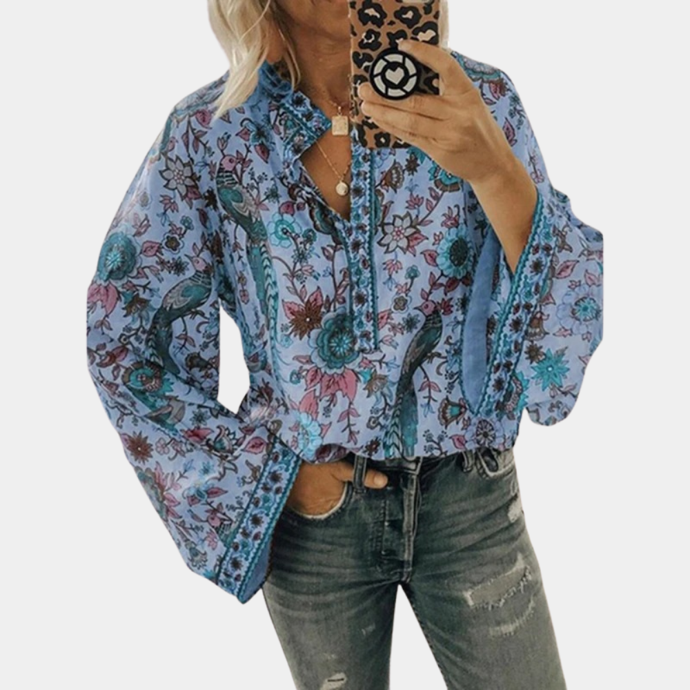 Levoire | Blouse À Fleurs À Manches Longues Pour Femmes Bleu