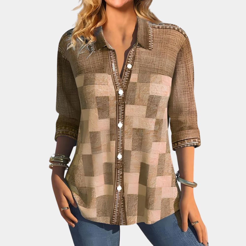 Levoire | Chemise Patchwork Décontractée À Boutons Pour Femmes Khaki