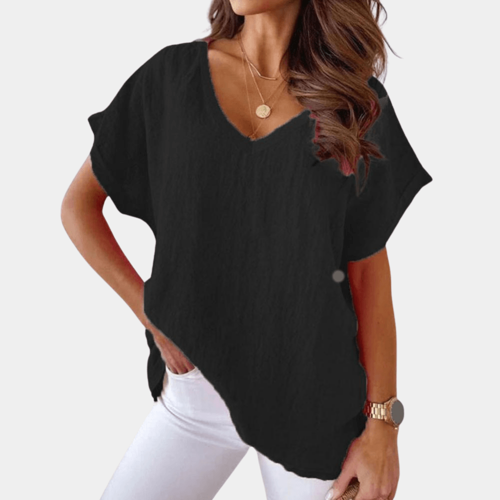 Levoire | Blouse Élégante À Col V En Coton Et Lin Noir