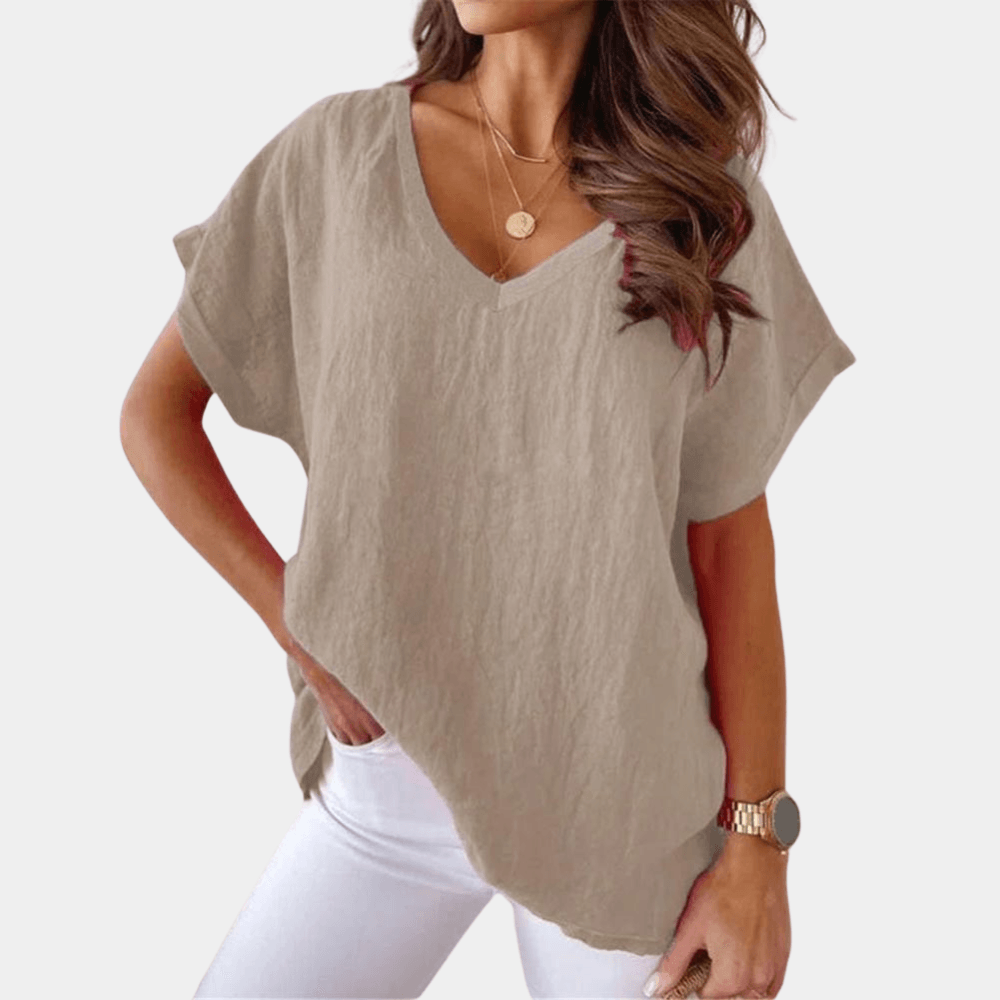Levoire | Blouse Élégante À Col V En Coton Et Lin Khaki