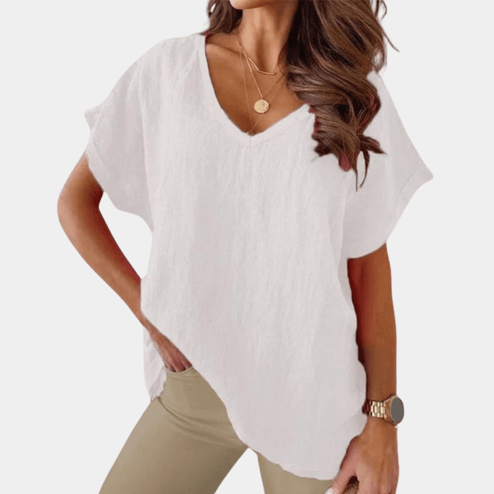 Levoire | Blouse Élégante À Col V En Coton Et Lin Blanc