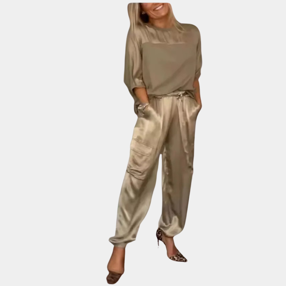 Levoire | Ensemble Chic Satin Élégant [Haut+Pantalons] Khaki