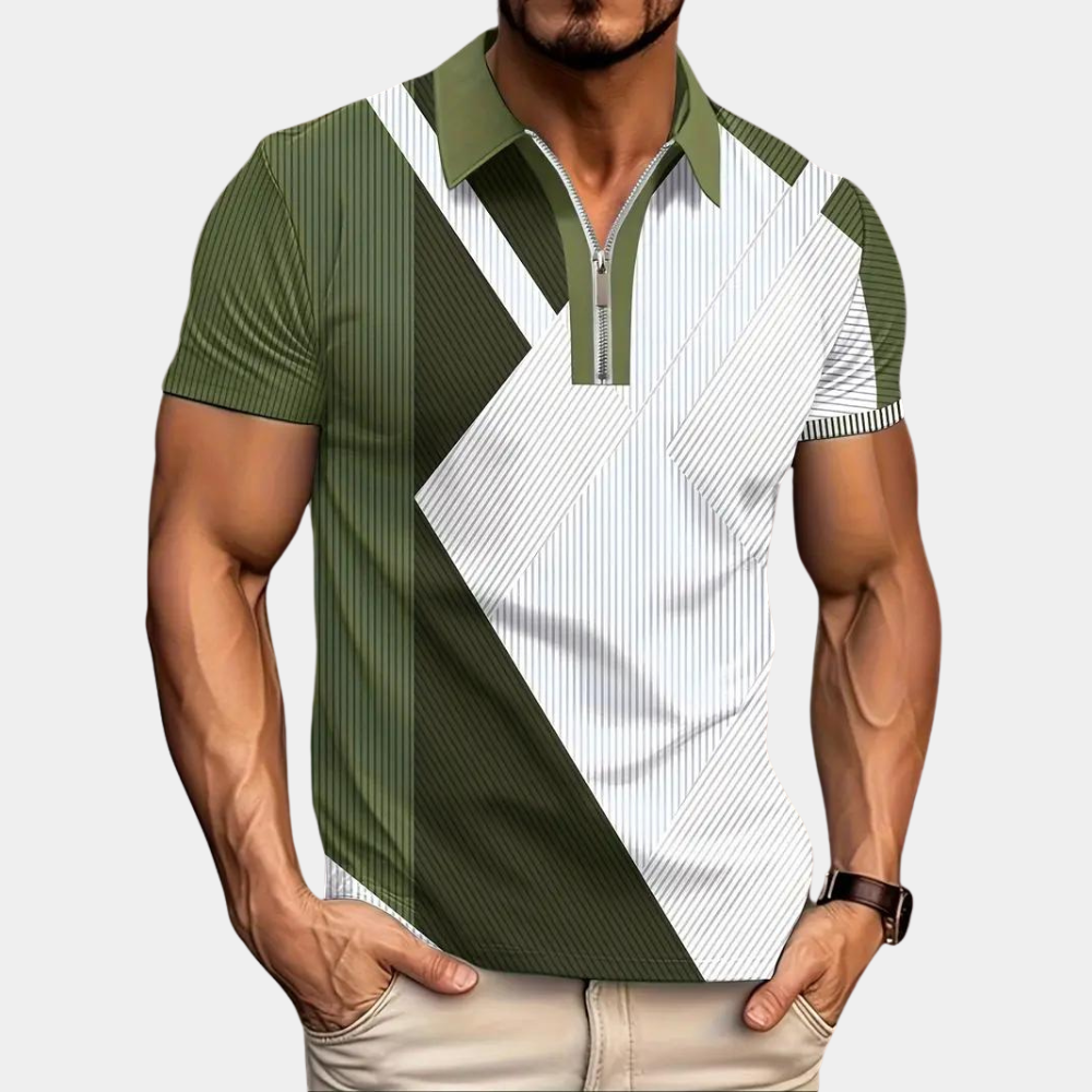Levoire | Polo À Rayures Élégantes Avec Manches Courtes Et Fermeture Éclair Pour Hommes Vert olive