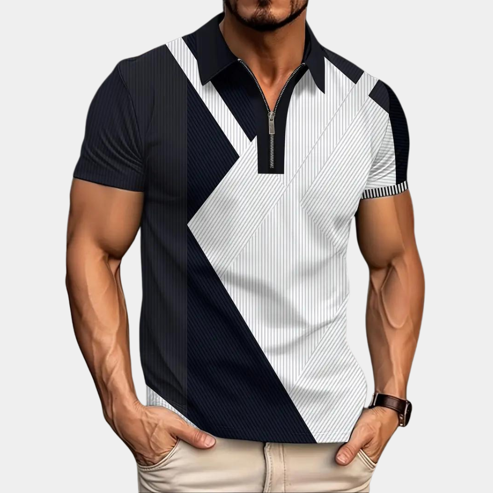 Levoire | Polo À Rayures Élégantes Avec Manches Courtes Et Fermeture Éclair Pour Hommes Noir