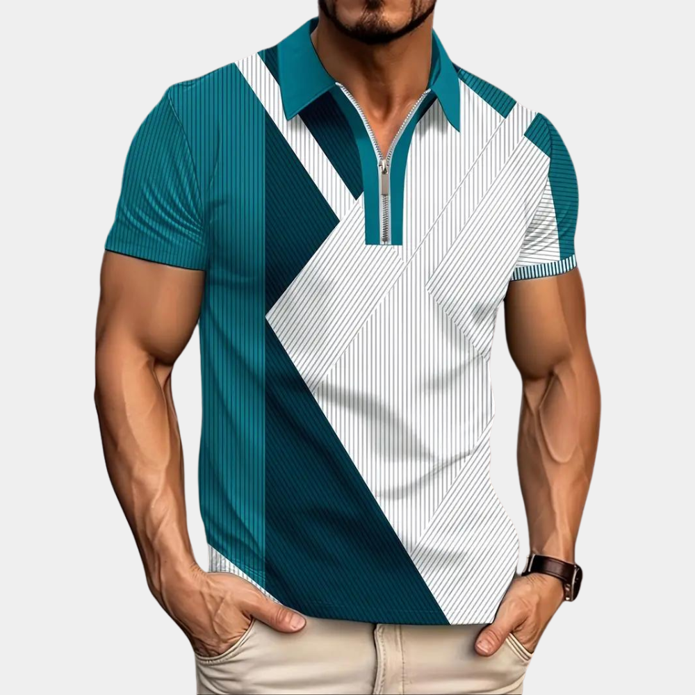 Levoire | Polo À Rayures Élégantes Avec Manches Courtes Et Fermeture Éclair Pour Hommes Bleu