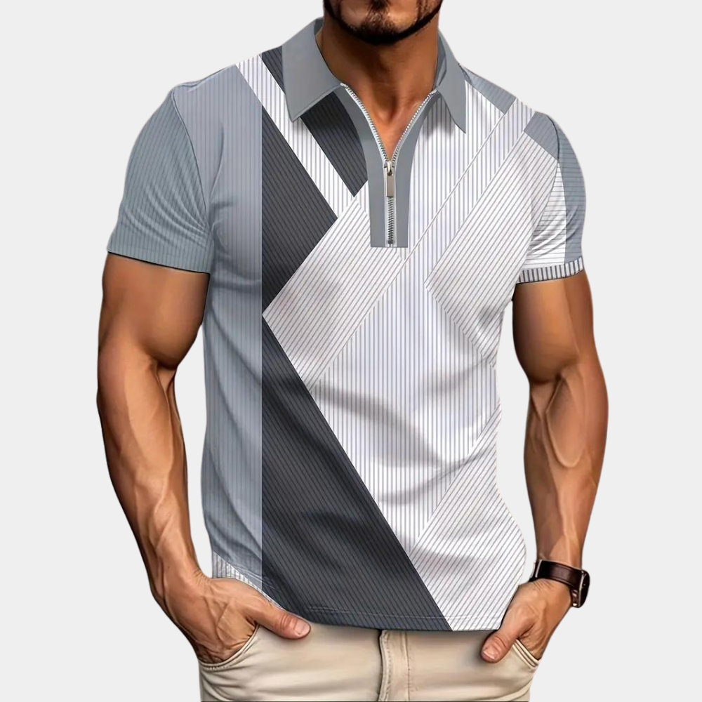 Levoire | Polo À Rayures Élégantes Avec Manches Courtes Et Fermeture Éclair Pour Hommes Gris