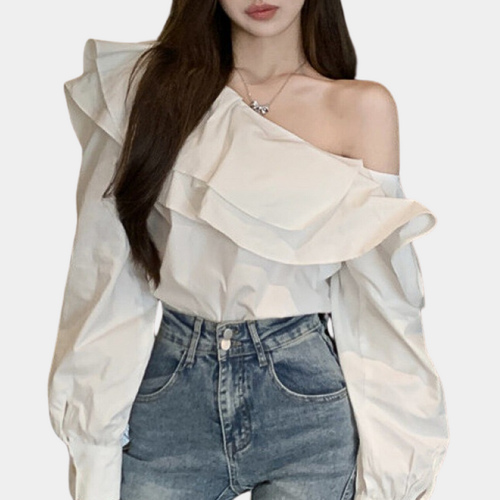 Levoire | Élégant Off-Shoulder -Tshirt Avec Un Design Léger Rose Pâle Blanc