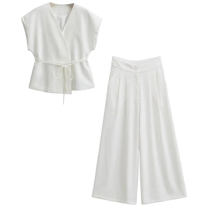 Levoire | Élégance Top Enroulé & Pantalon Ample Satz Blanc