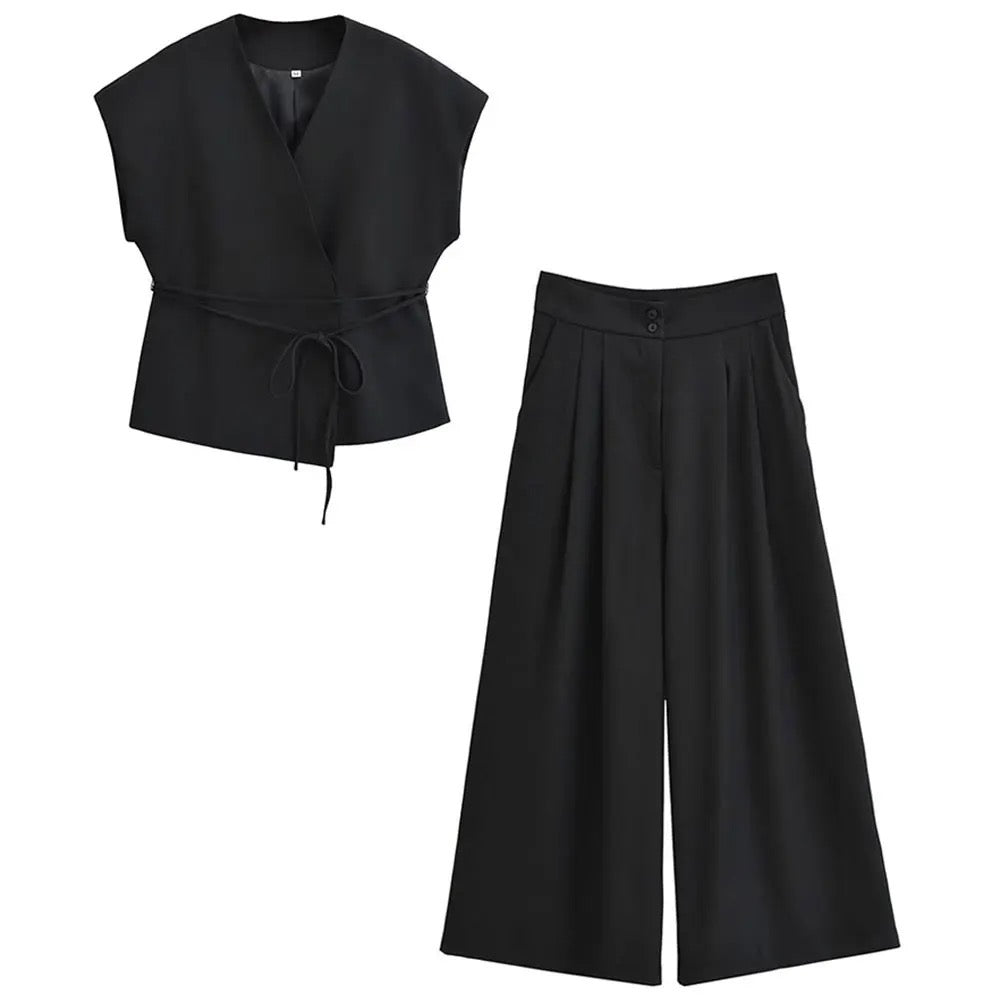 Levoire | Élégance Top Enroulé & Pantalon Ample Satz Noir