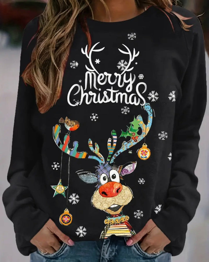 Levoire | Pull De Noël Pour Femmes Avec Encolure Ronde Et Impression D'Élan Noir