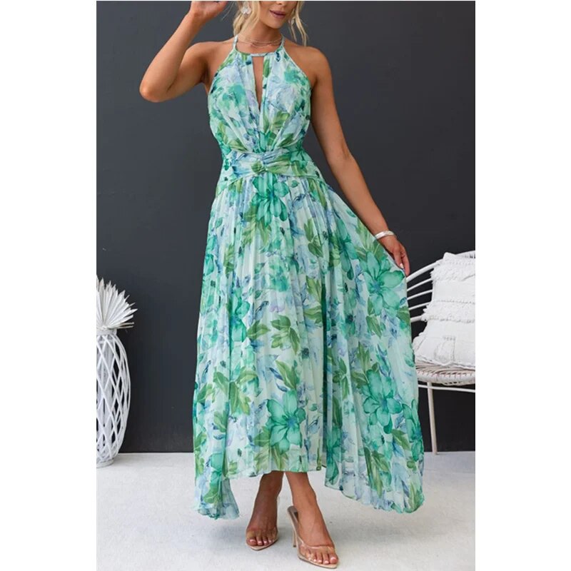 Levoire | Robe Plissée Fleurie Pour Femme - Vert Vert
