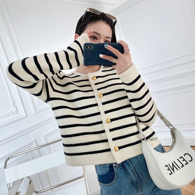 Levoire | Col rond cardigan rayé tricoté veste courte pull à manches longues Rot