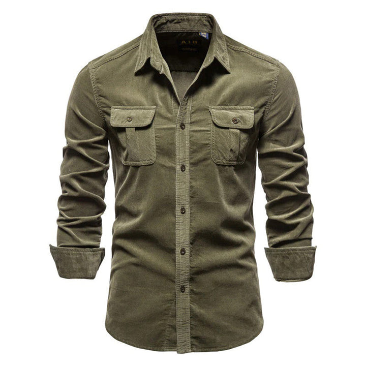 Levoire | Chemise En Velours Côtelé Pour Hommes Avec Fermeture À Bouton Vert