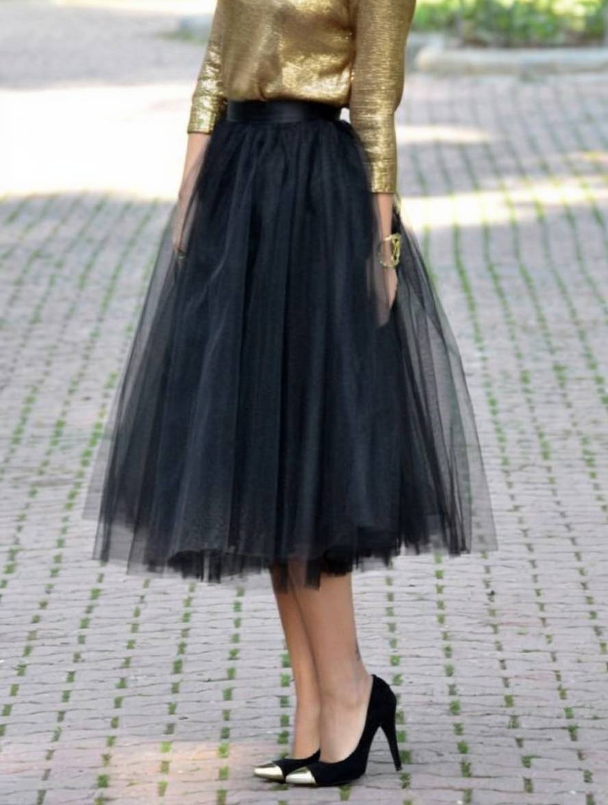 Levoire | Jupe Tutu Puff Midi-Longue Tulle Uni Polyester Femme Élégant Noir