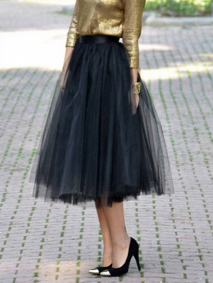 Levoire | Jupe Tutu Puff Midi-Longue Tulle Uni Polyester Femme Élégant Noir