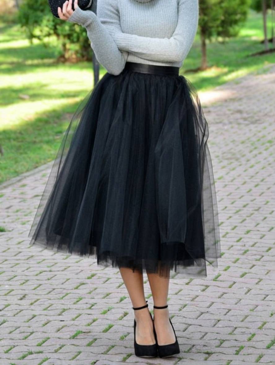 Levoire | Jupe Tutu Puff Midi-Longue Tulle Uni Polyester Femme Élégant Noir