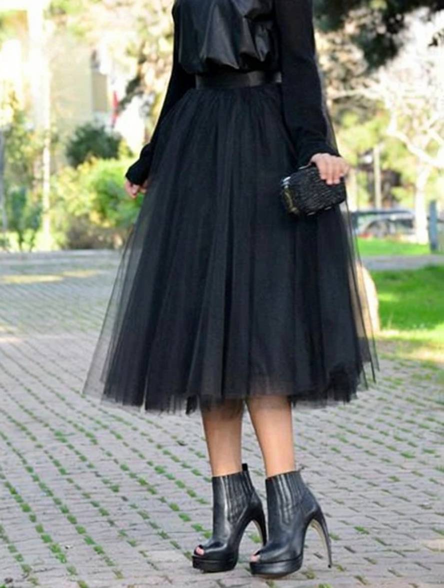 Levoire | Jupe Tutu Puff Midi-Longue Tulle Uni Polyester Femme Élégant Noir