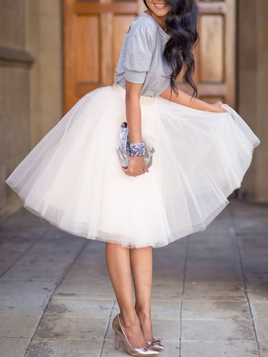 Levoire | Jupe Tulle Tutu Mi-Longue Unicolore Taille Haute Plissée Femme Mode Élégante Blanc Blanche