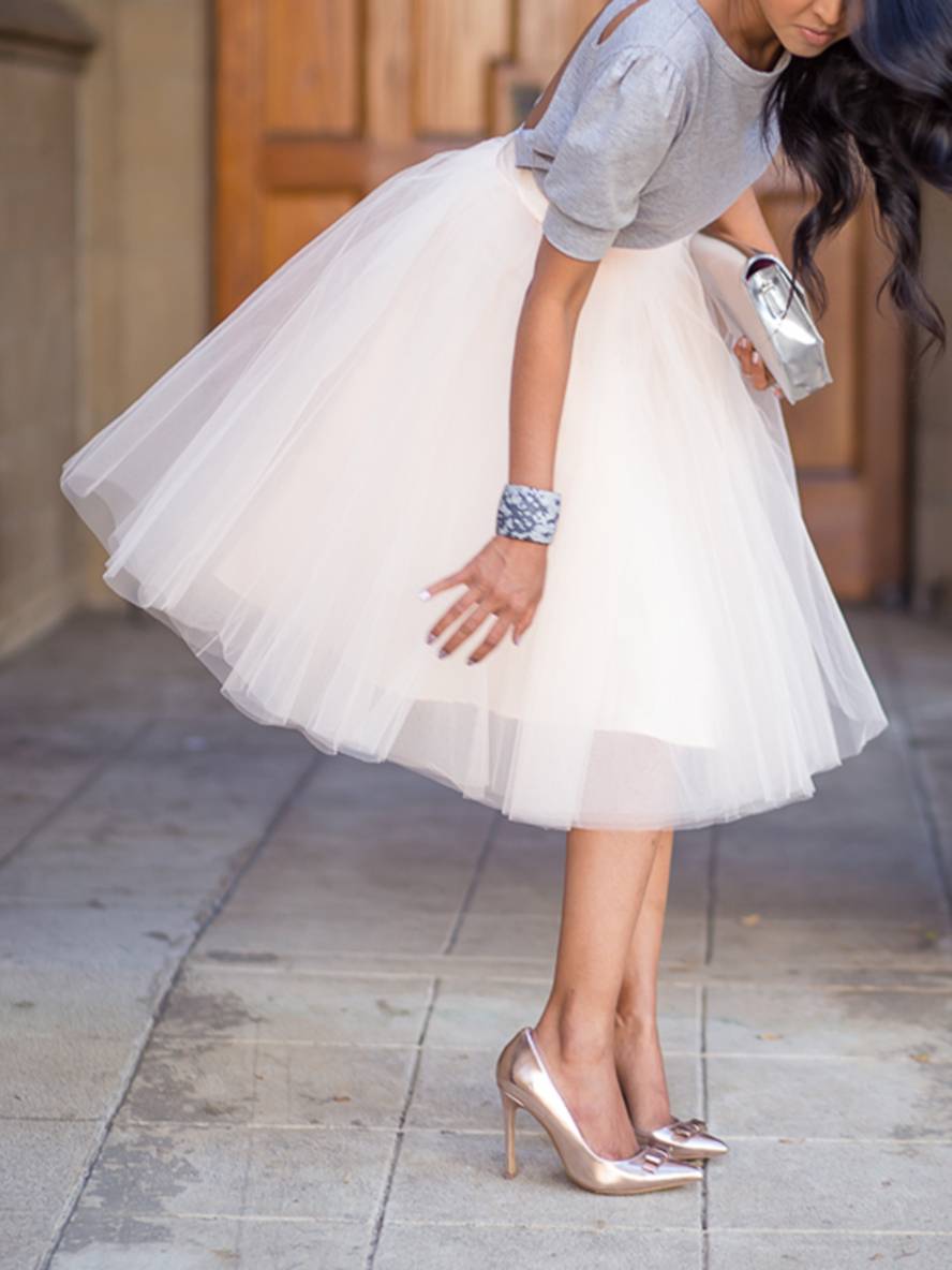 Levoire | Jupe Tulle Tutu Mi-Longue Unicolore Taille Haute Plissée Femme Mode Élégante Blanc