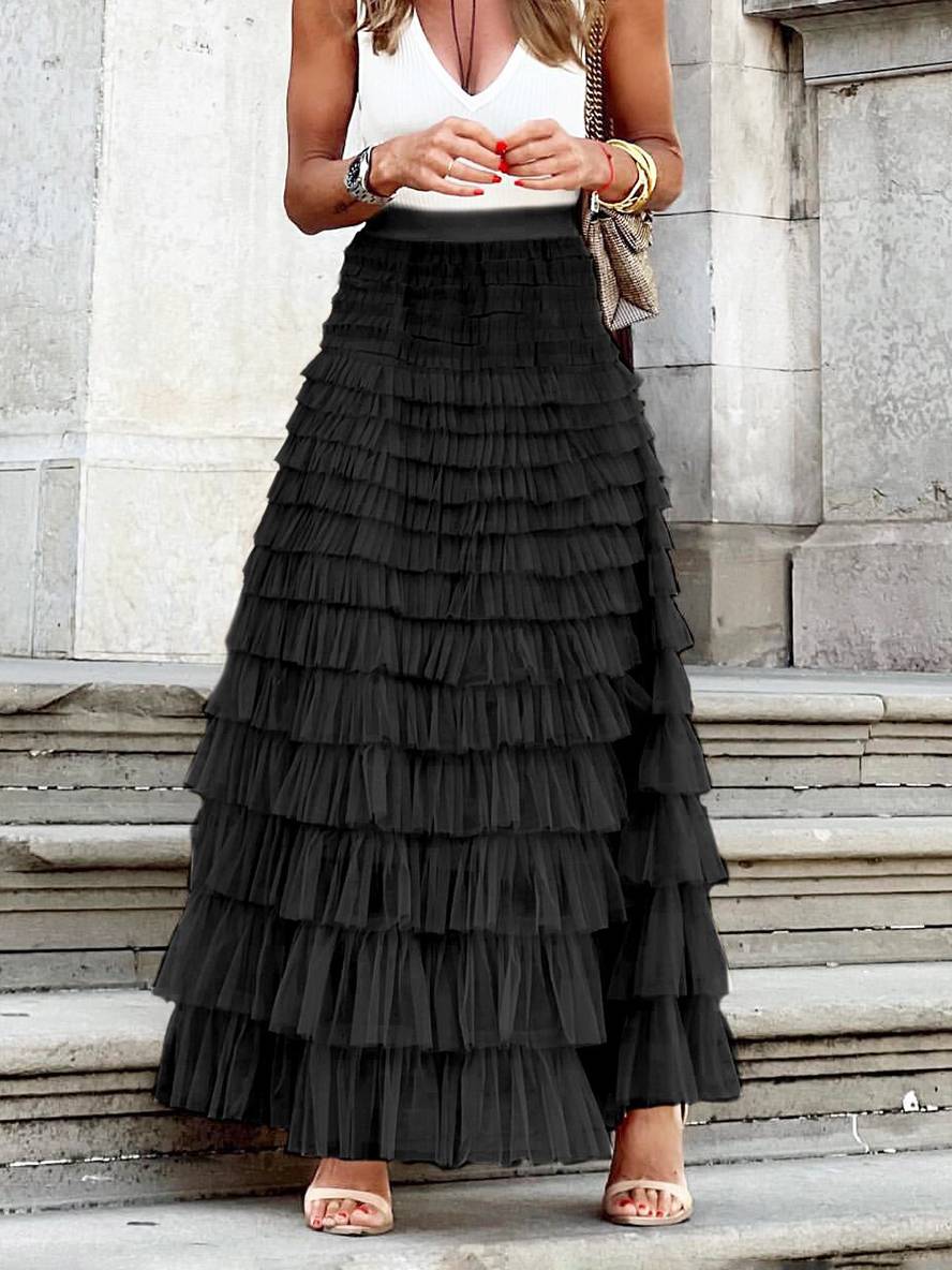 Levoire | Jupe Puff Longue Tutu Tulle Trapèze Uni Femme Élégant Doux Noir