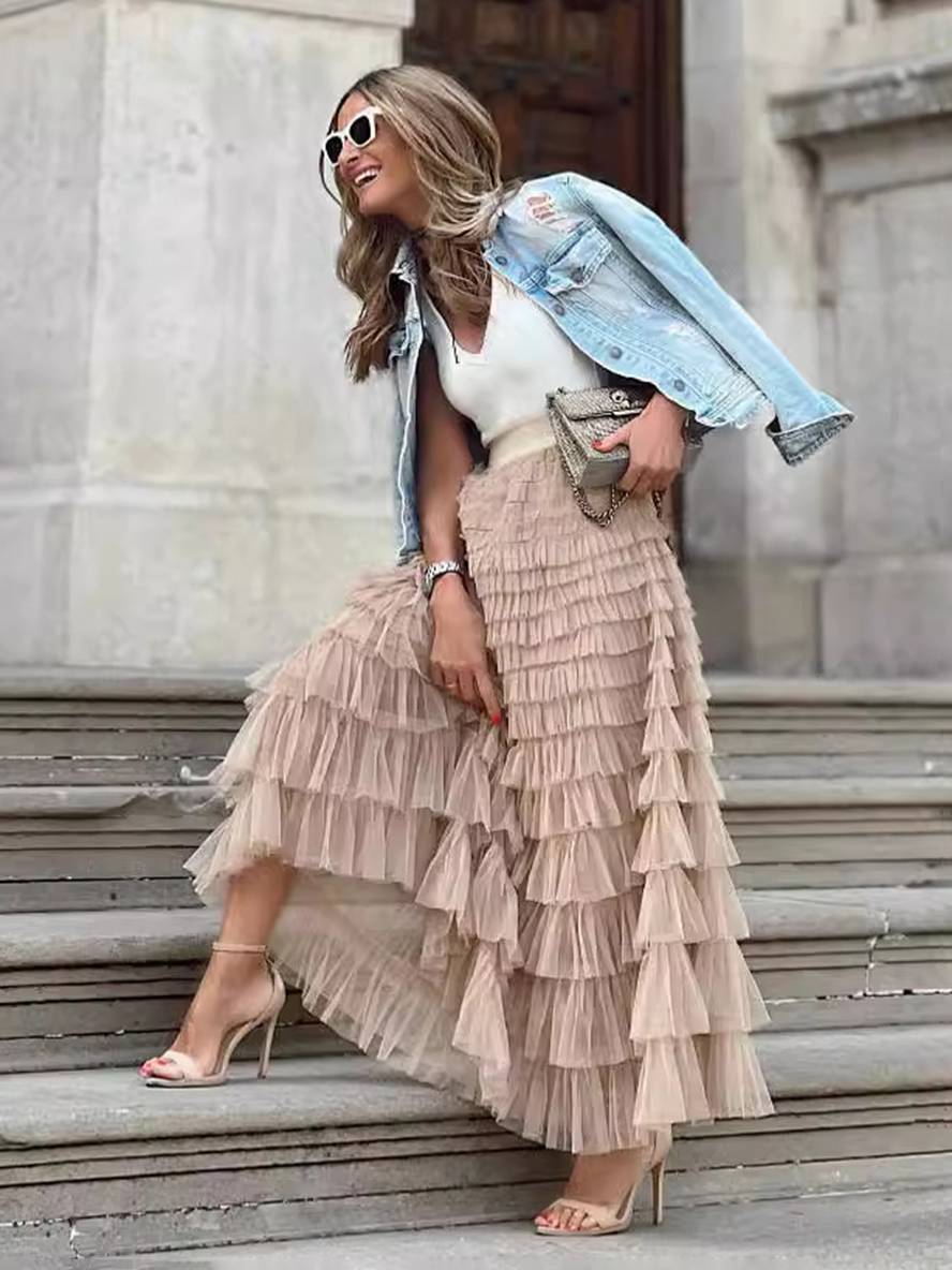 Levoire | Jupe Puff Longue Tutu Tulle Trapèze Uni Femme Élégant Doux Khaki