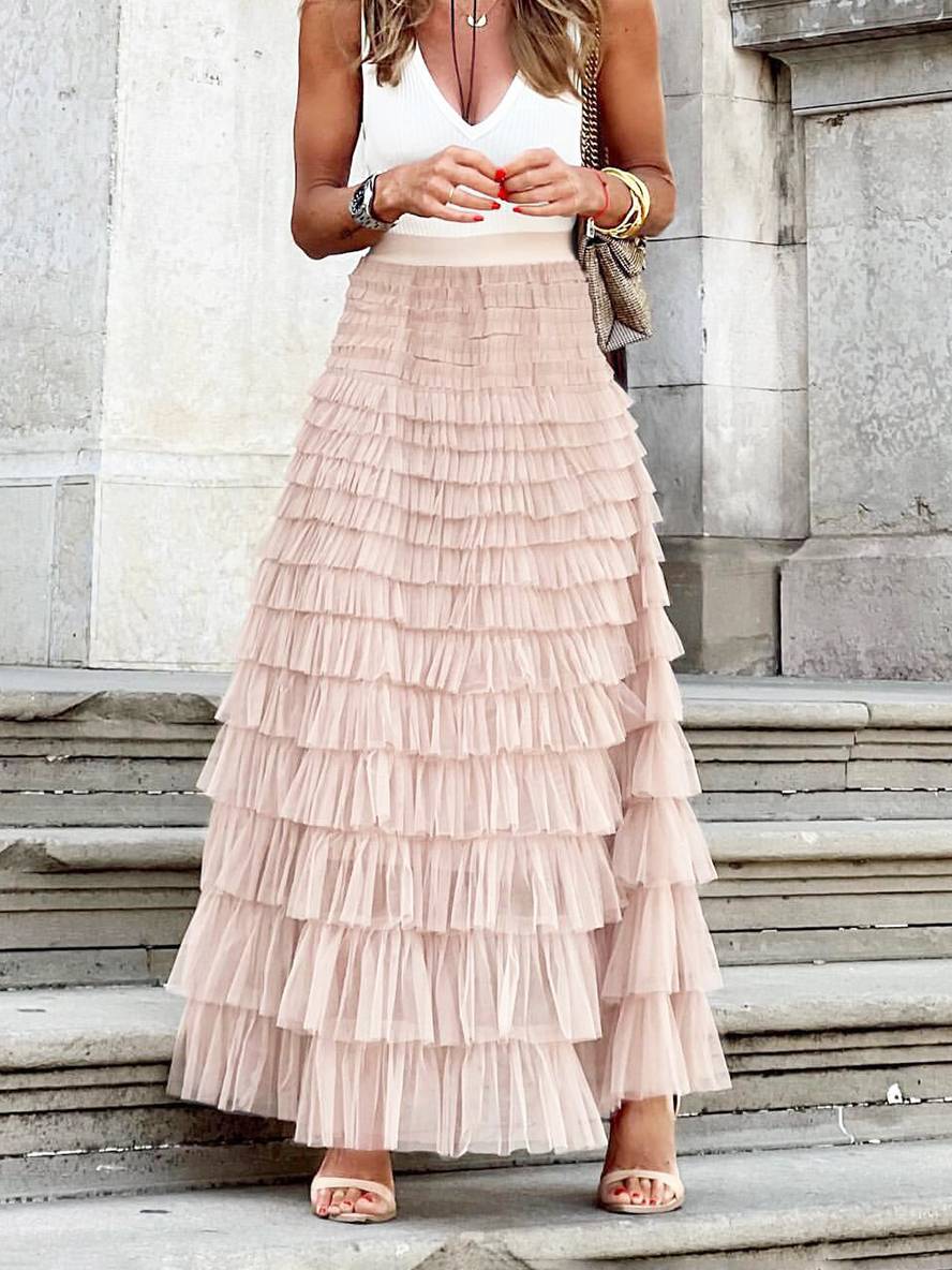 Levoire | Jupe Puff Longue Tutu Tulle Trapèze Uni Femme Élégant Doux Rosa