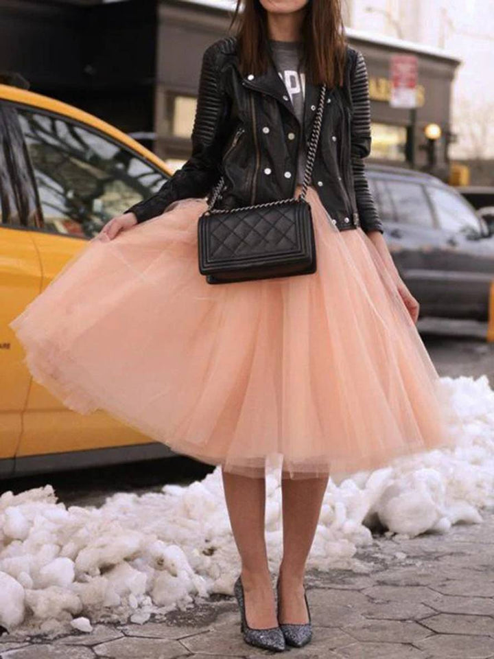 Levoire | Jupe Plissée Midi En Tulle Élastique Élégante Rose