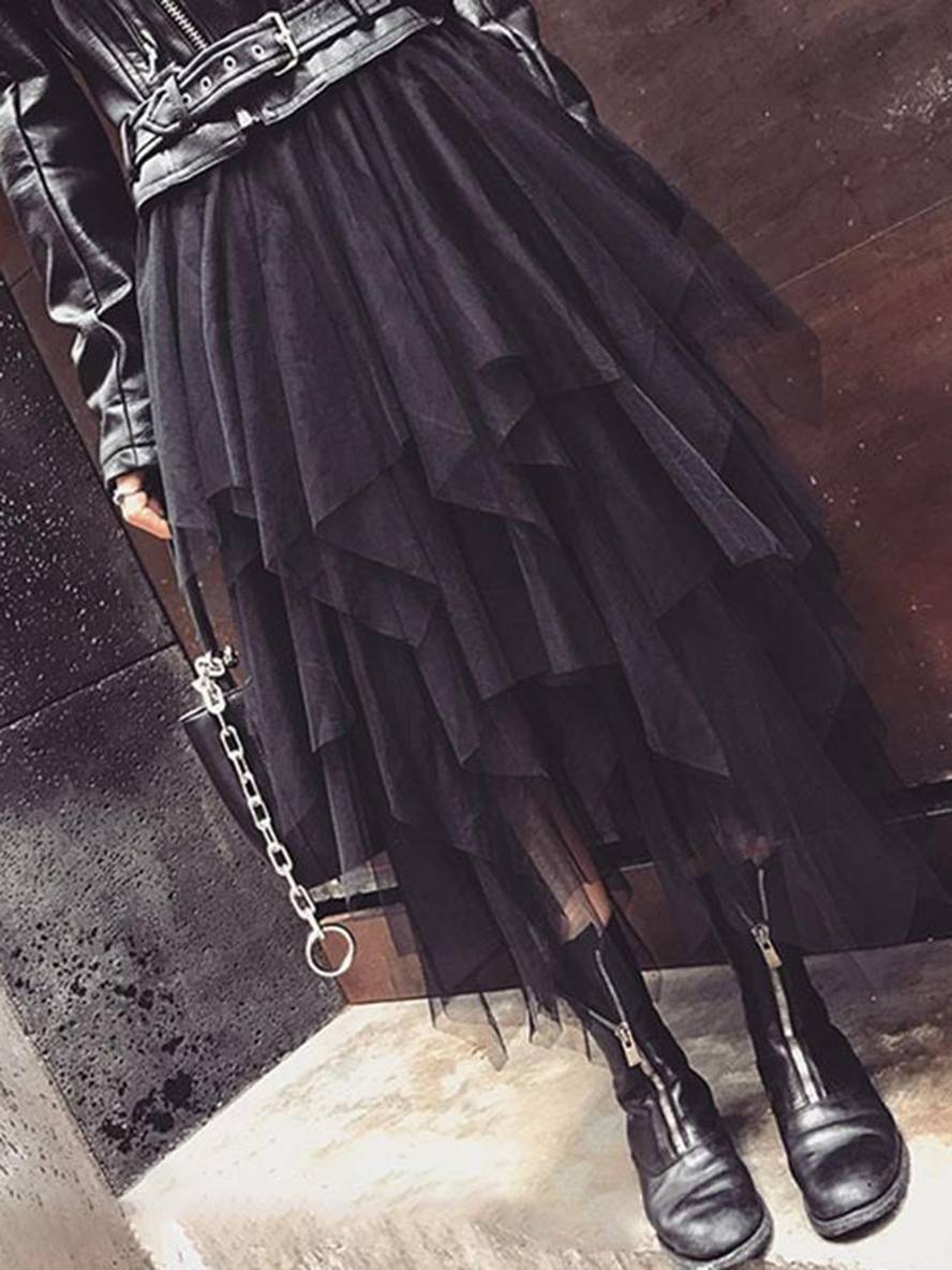 Levoire | Jupe En Tulle Irrégulière Mi-Longue Mode Punk Femme Noir