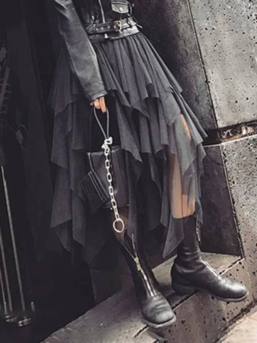 Levoire | Jupe En Tulle Irrégulière Mi-Longue Mode Punk Femme Noir