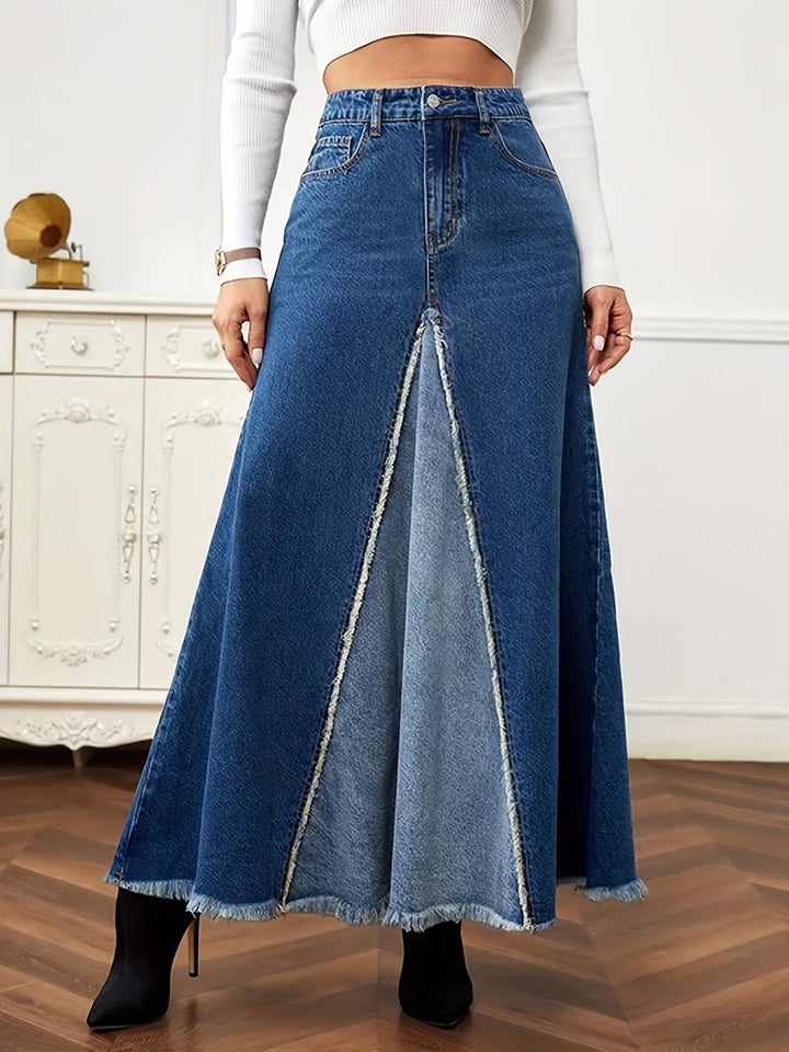 Levoire | Jupe En Jean Longue Fluide À Franges Boutons Poches Mode Femme Décontractée Bleu foncé