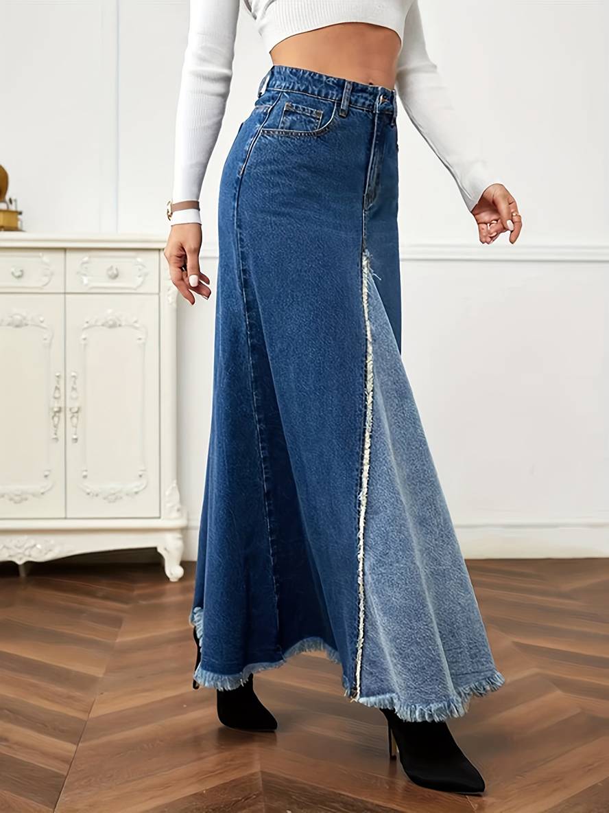 Levoire | Jupe En Jean Longue Fluide À Franges Boutons Poches Mode Femme Décontractée