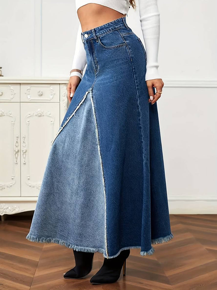 Levoire | Jupe En Jean Longue Fluide À Franges Boutons Poches Mode Femme Décontractée