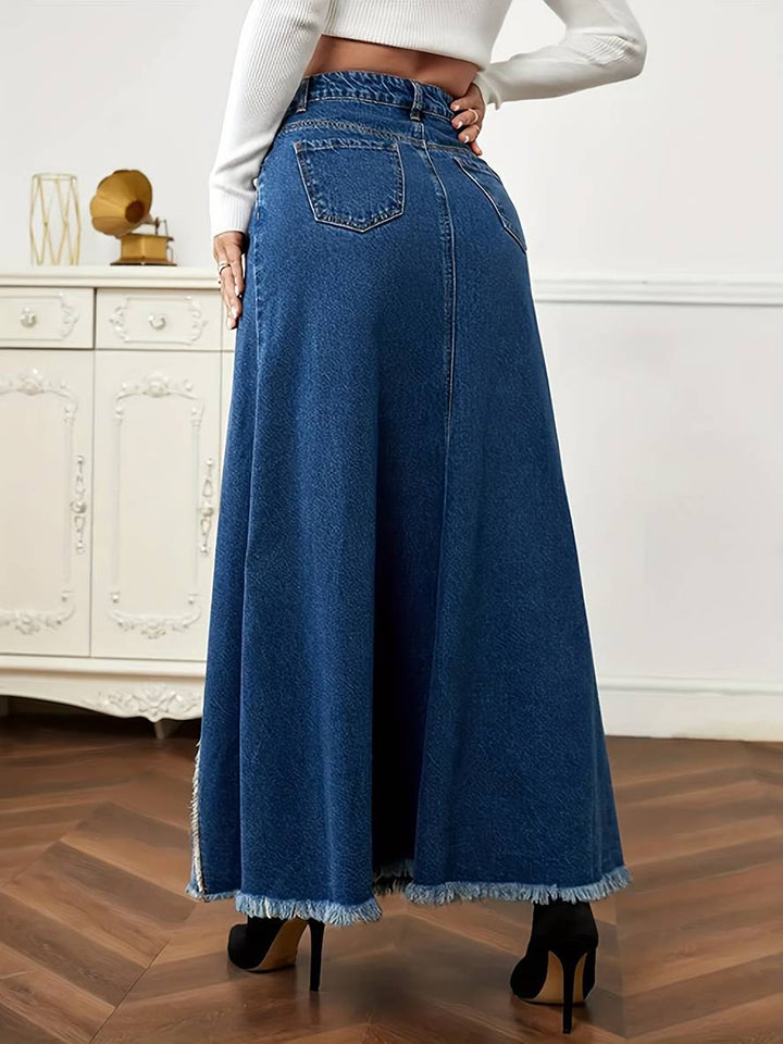 Levoire | Jupe En Jean Longue Fluide À Franges Boutons Poches Mode Femme Décontractée