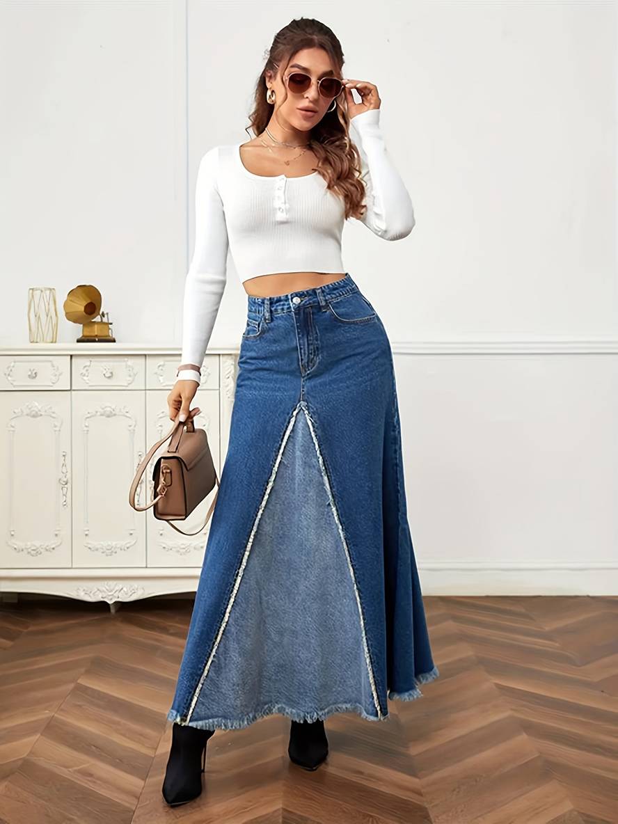 Levoire | Jupe En Jean Longue Fluide À Franges Boutons Poches Mode Femme Décontractée