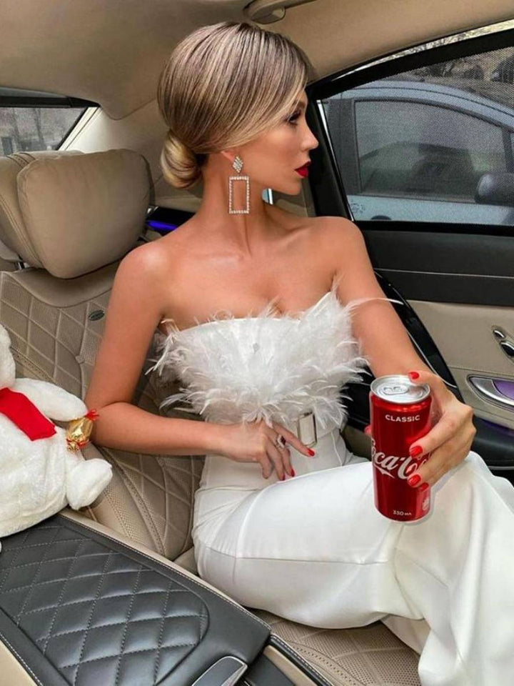Levoire | Combinaison Tube À Coupe Droite Bustier Avec Plumes Élégante Femme Blanc