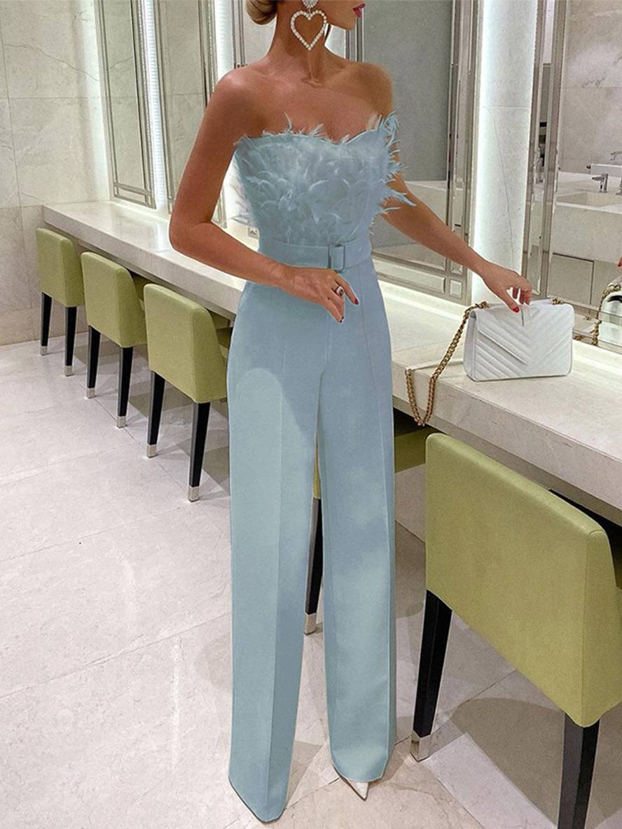 Levoire | Combinaison Tube À Coupe Droite Bustier Avec Plumes Élégante Femme Blanc Bleu
