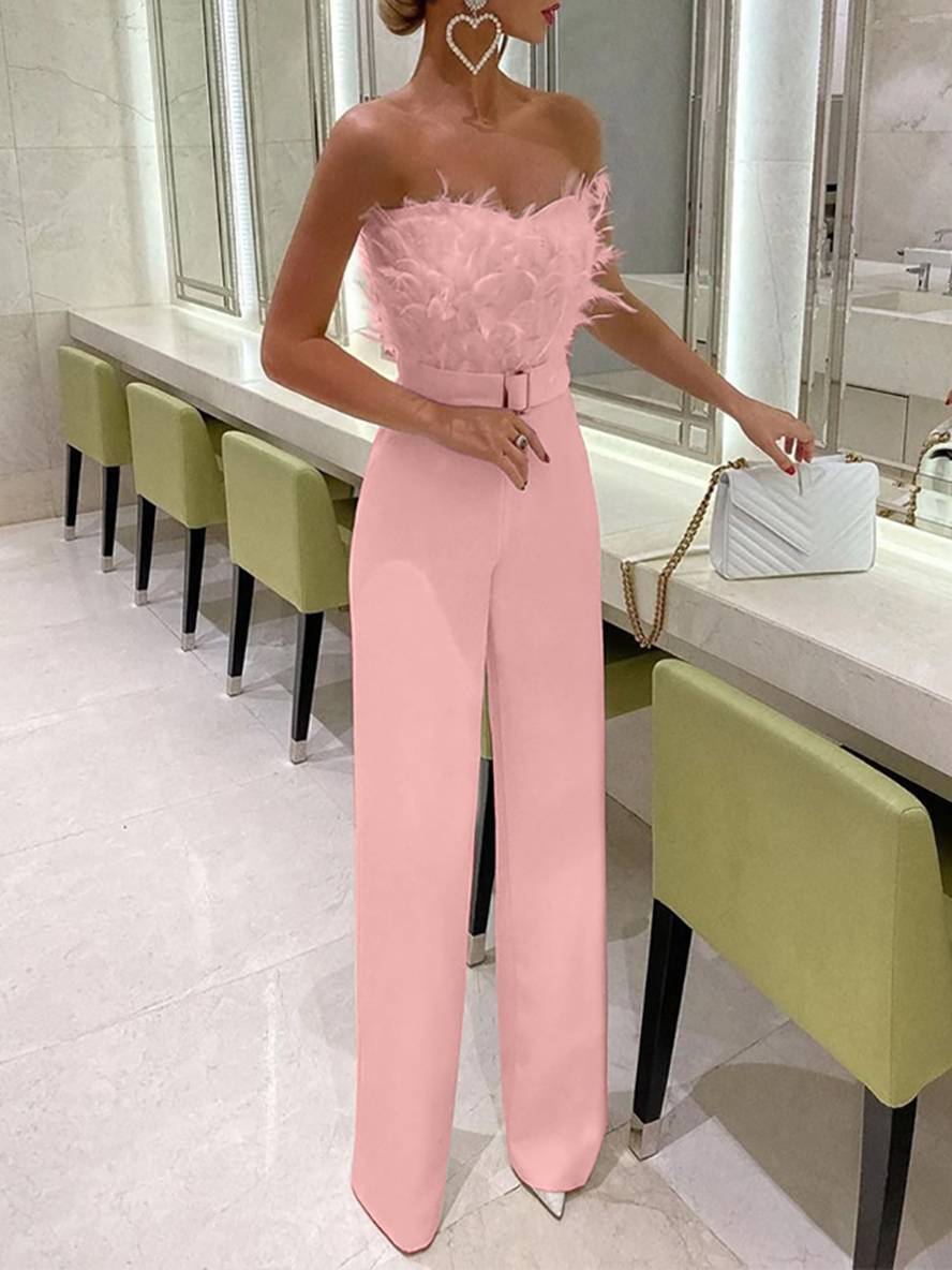 Levoire | Combinaison Tube À Coupe Droite Bustier Avec Plumes Élégante Femme Blanc Rose